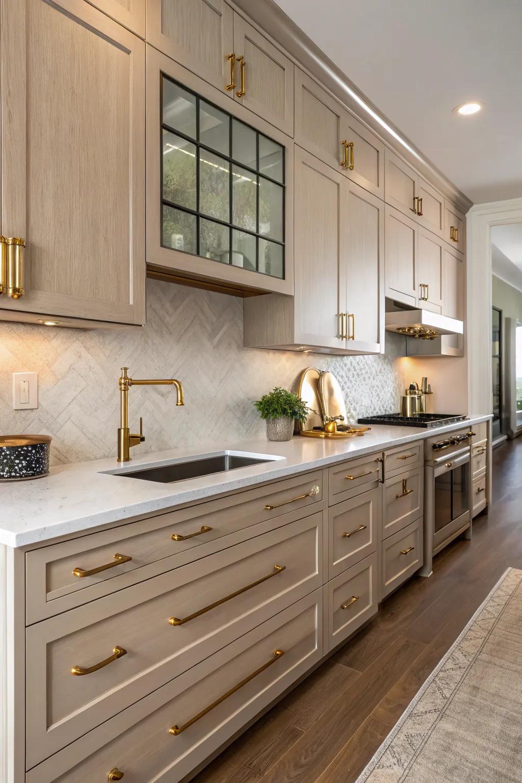 Luxurious untreated bronze hardware that introduces warmth and appeal.