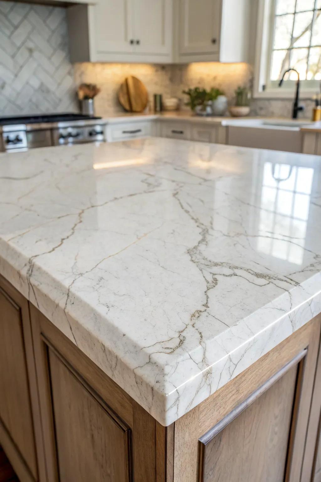 Refined marble introduces luxury to the kitchen island.