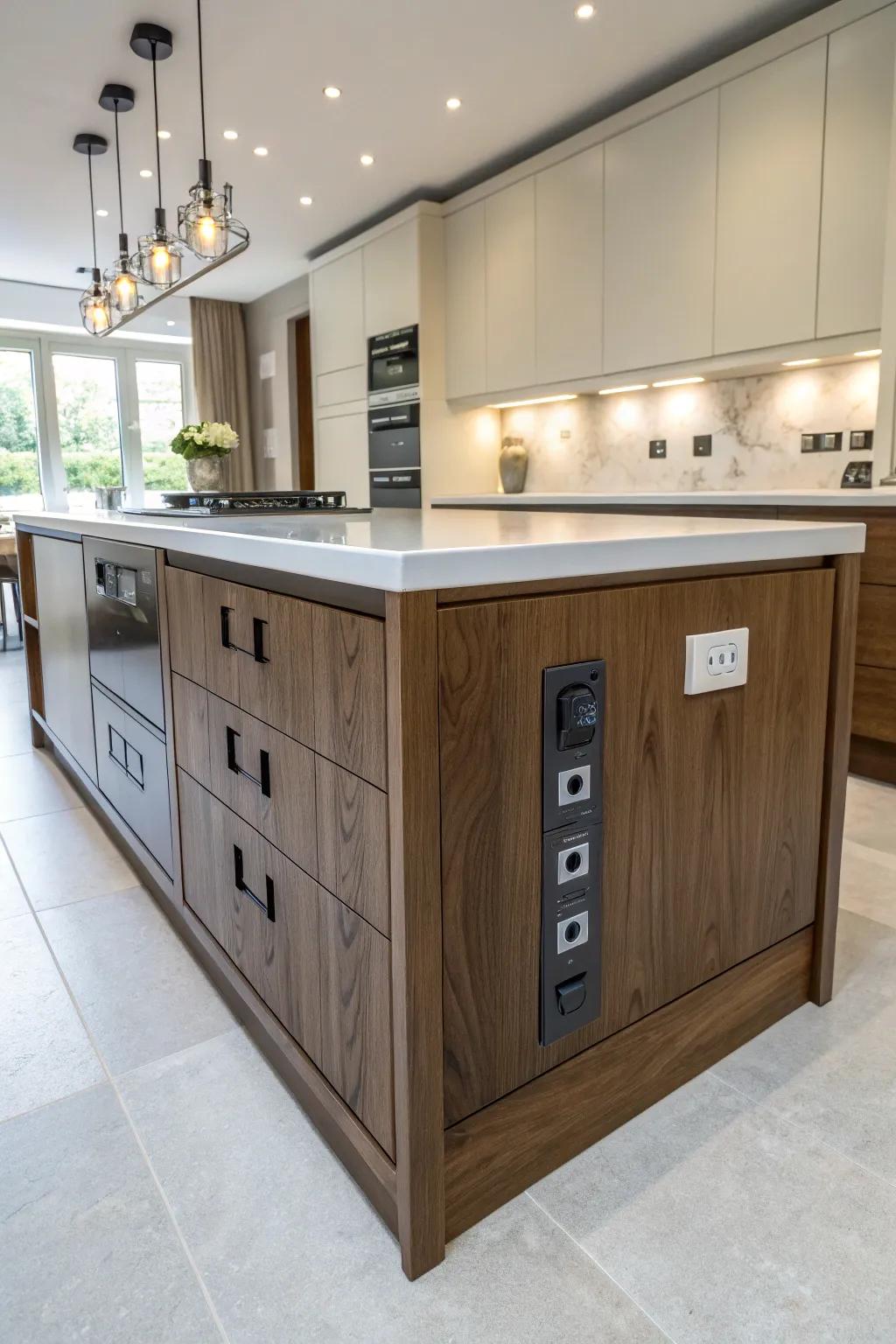 Integrated outlets blend seamlessly into the kitchen design.