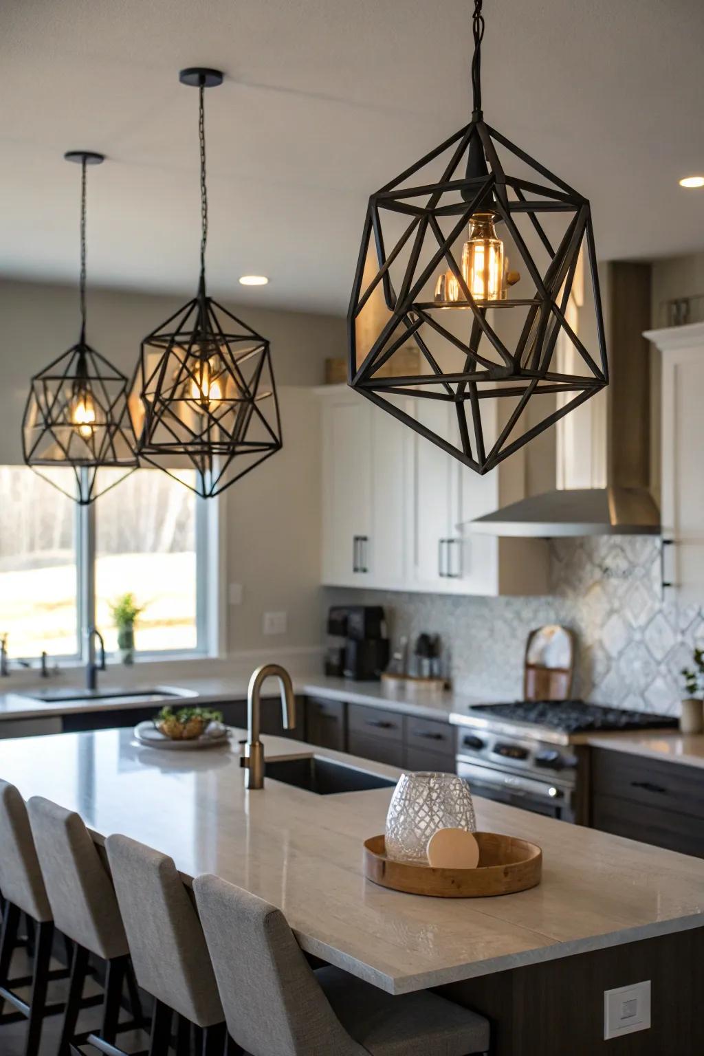 Geometric pendant lights add a striking statement above the island.
