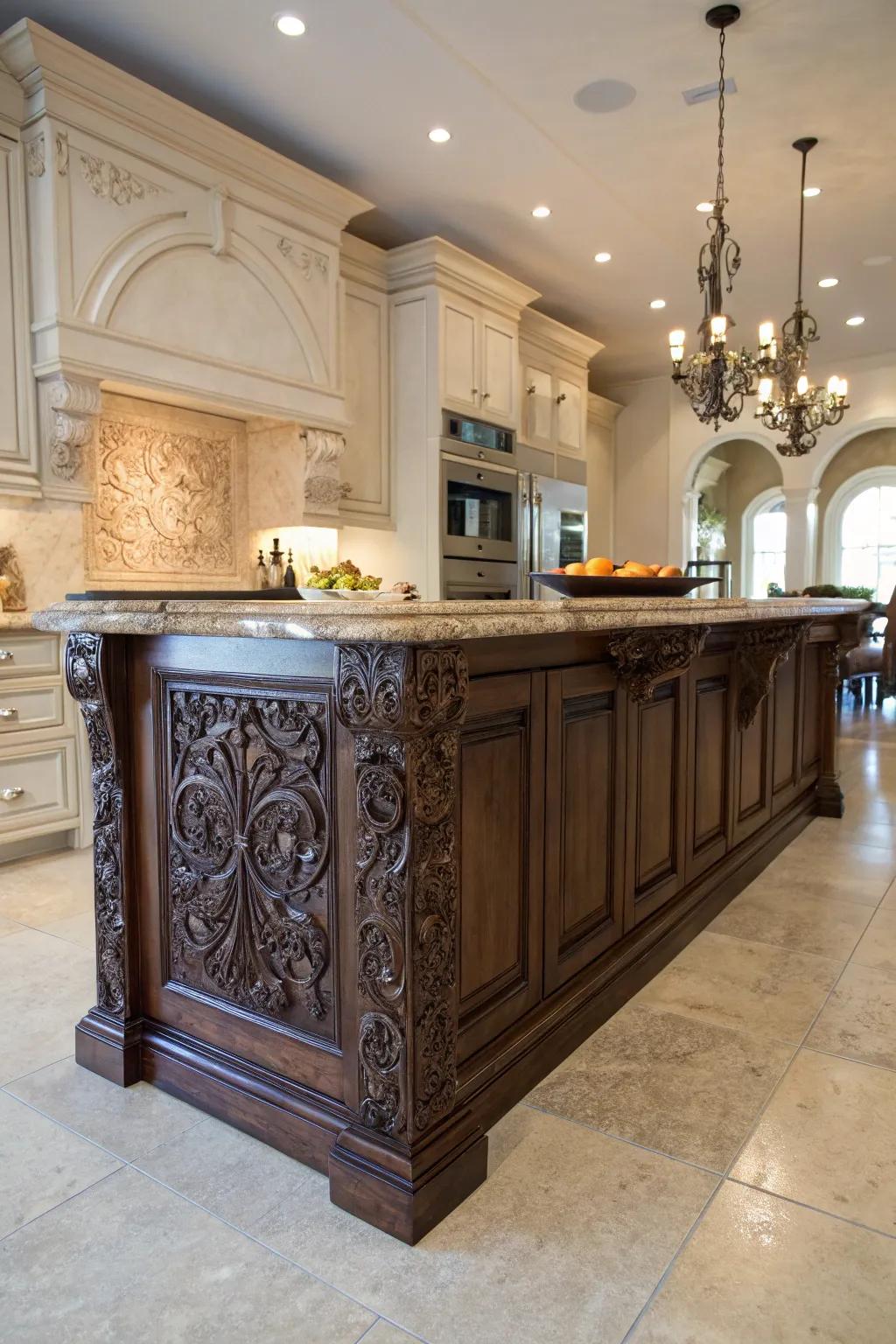 Elegant kitchen island with detailed edging for a luxurious sensation.