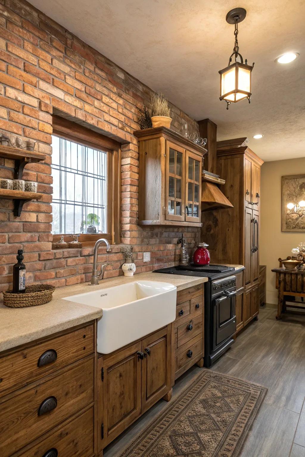 Brick paneling lends rustic charm to the kitchen.