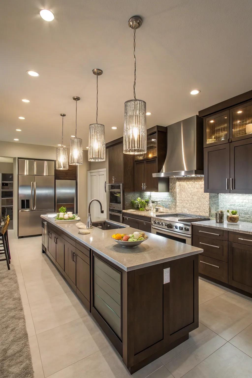A kitchen illuminated by stylish hanging and recessed lighting.