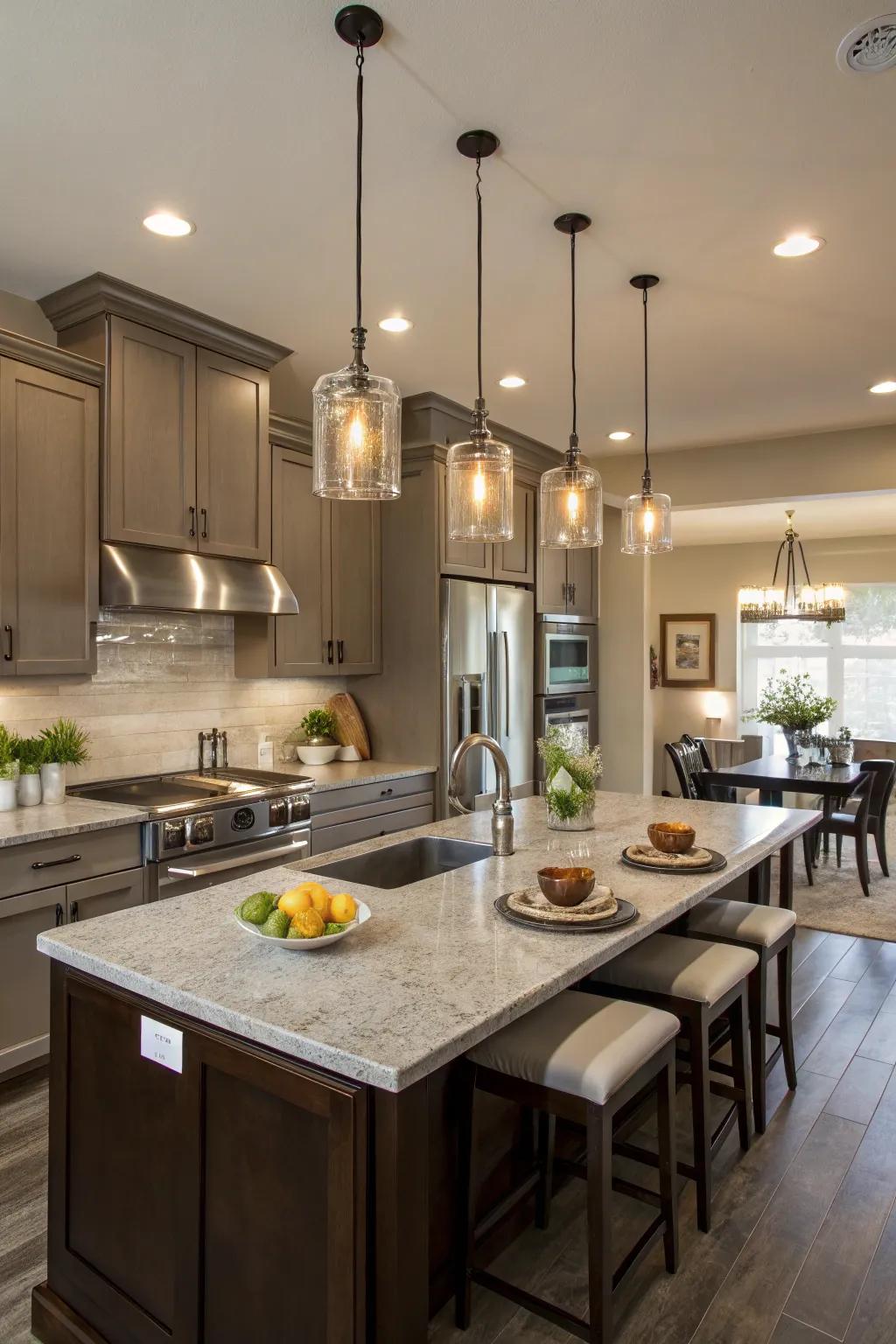 Hanging lights enhance elegance and functionality in your cooking area.