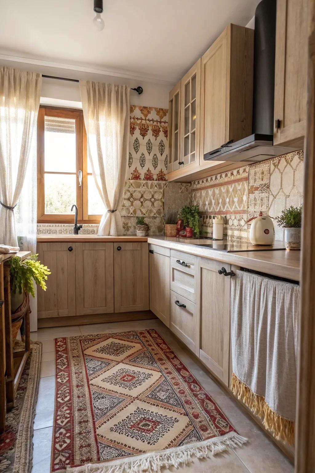 Layering textures and patterns enhances the kitchen's visual appeal.