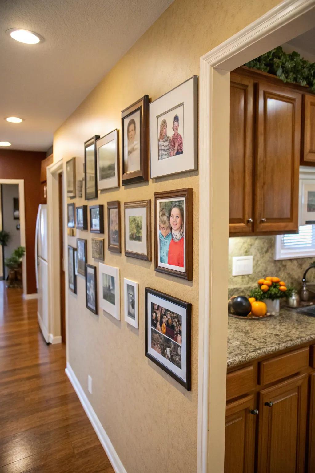 A kitchen wall gallery displays framed family images, adding a personal touch.