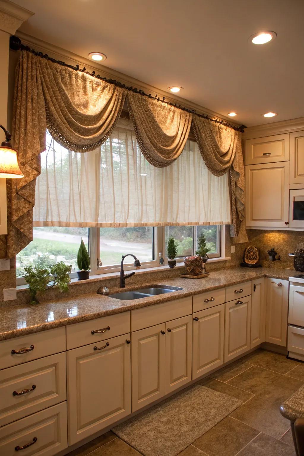 Layering textiles and shades adds warmth and visual depth to any kitchen.