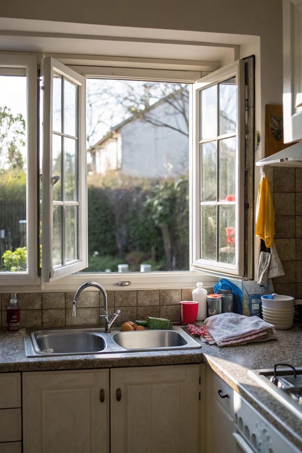 Side-swing windows improving airflow in a kitchen.