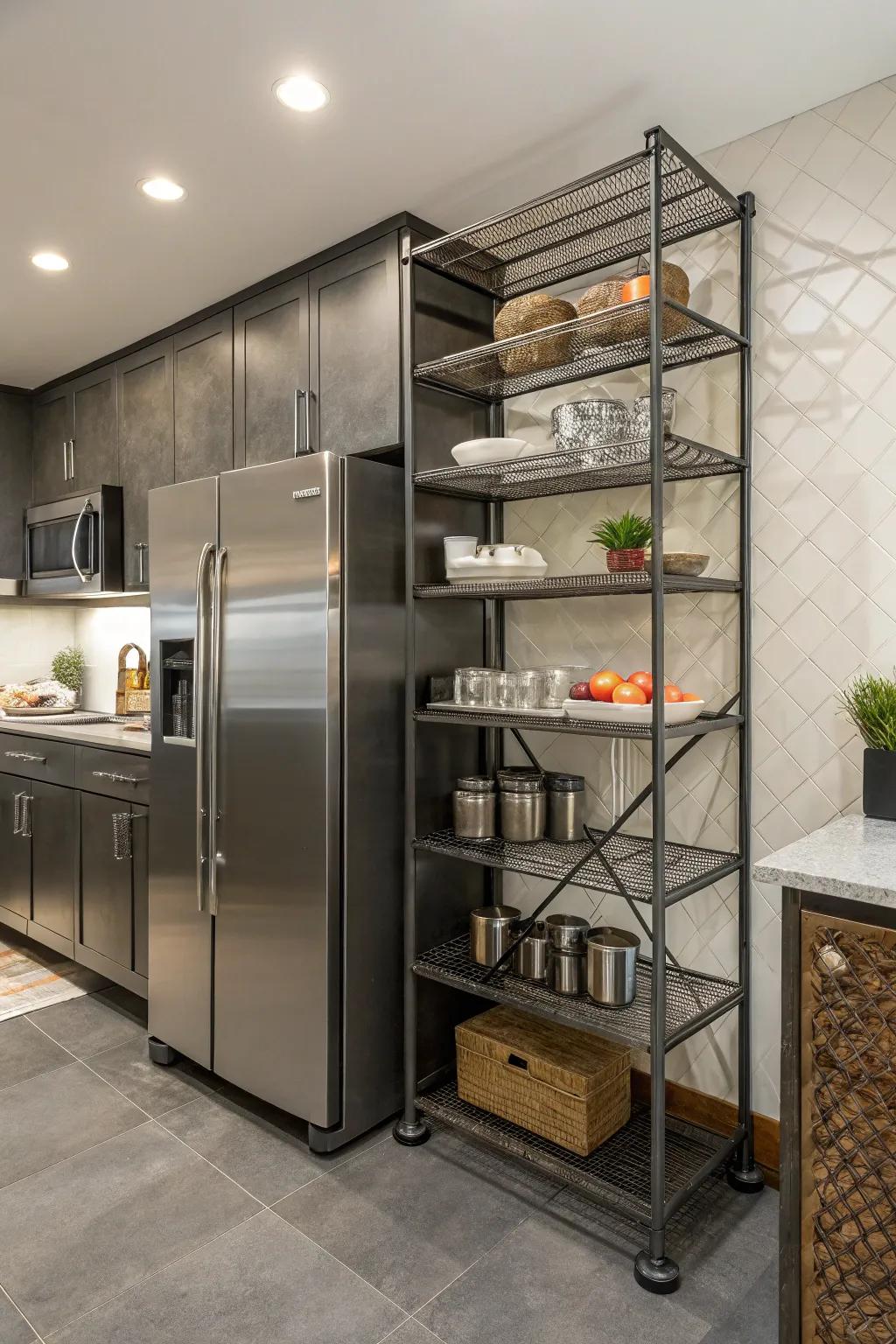 A kitchen showcasing industrial metal shelving that surrounds the fridge, enhancing both its style and storage.