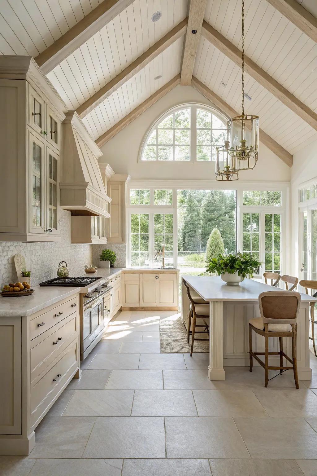 A subdued palette introduces a sense of serenity and openness to this kitchen, accented by a vaulted ceiling.
