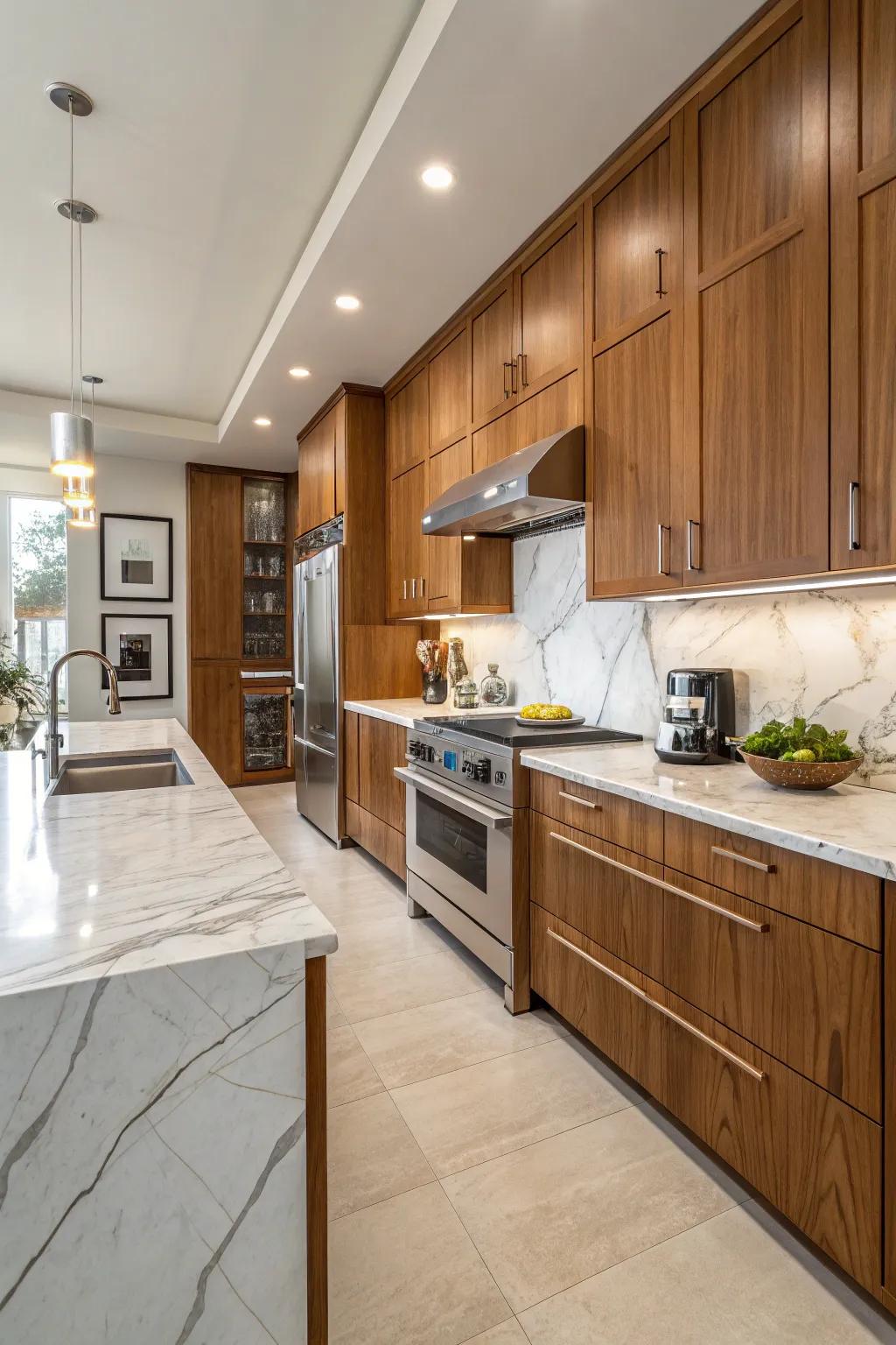 A cohesive mix of construction materials enhances the visual appeal of the kitchen design.