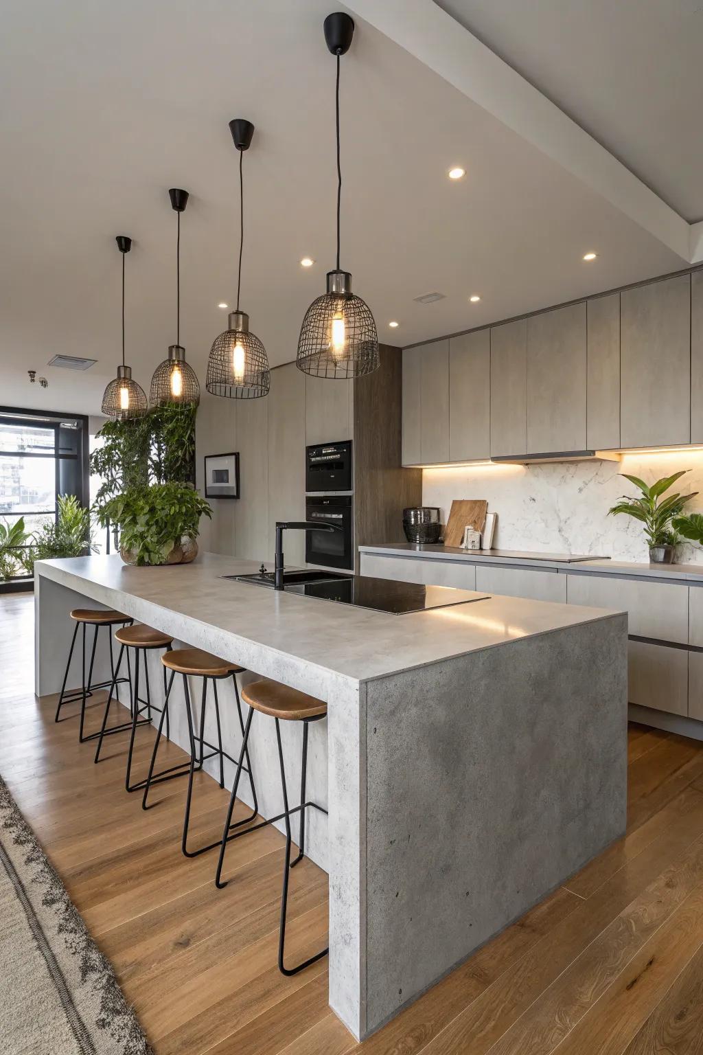 A cooking space lit by fashionable hanging lights above engineered stone worktops.