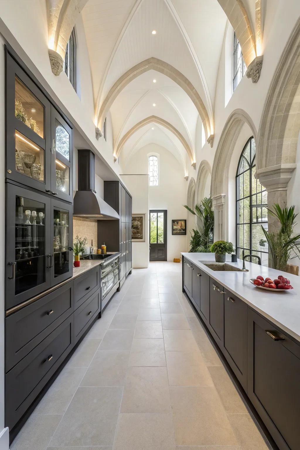 Extended storage units introduce storage and refinement to this kitchen with a high ceiling.