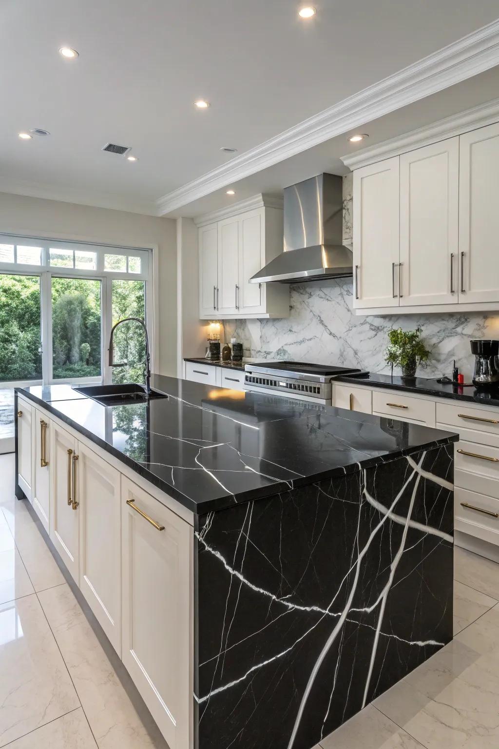 Striking black quartz countertops with elegant white veining.