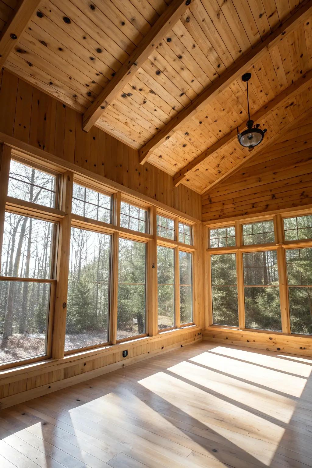 A bright room where natural illumination highlights the warm tones of pine planks.