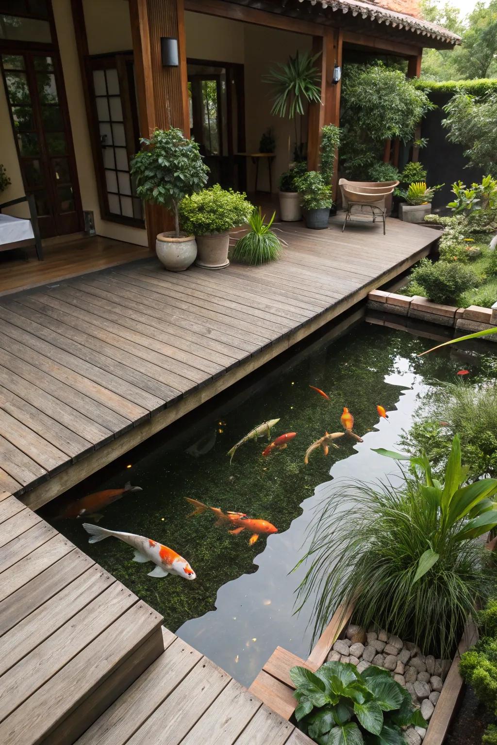 A pond seamlessly integrated with a deck creates an inviting space.