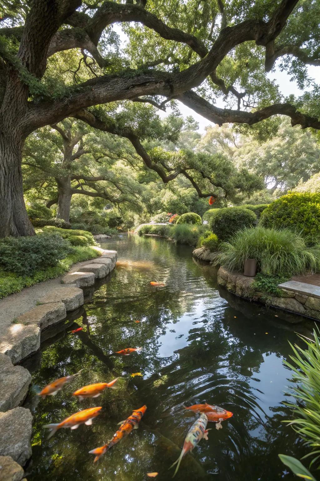 A koi pond nestled under the shade of towering oak trees.