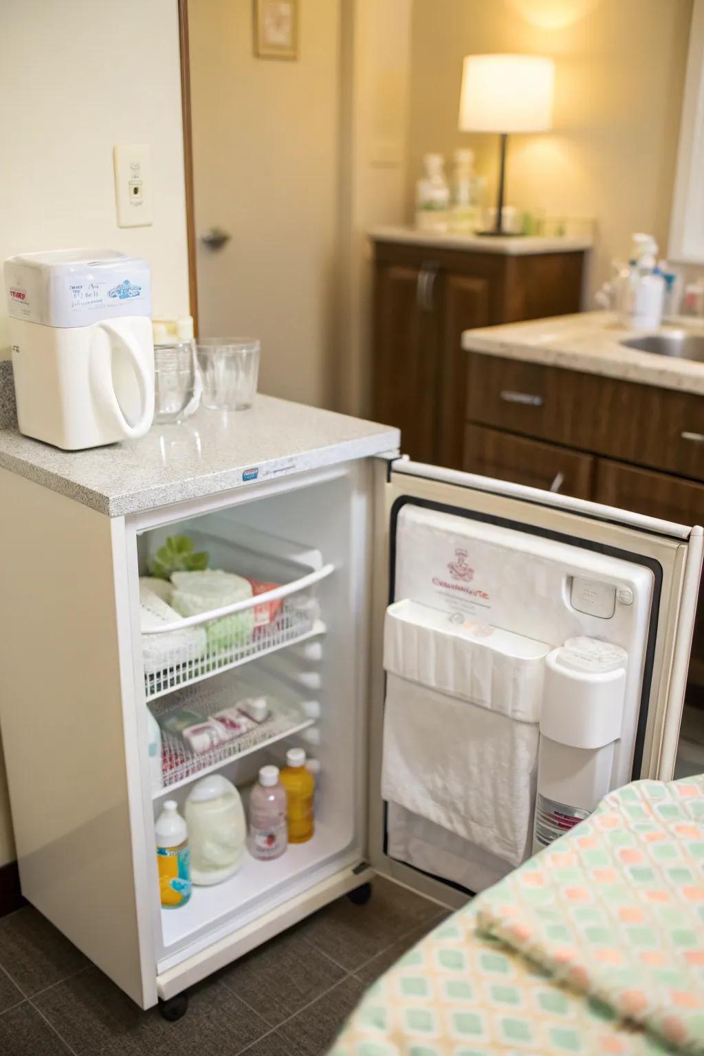 A small refrigerator and sink offer convenience for nursing mothers.
