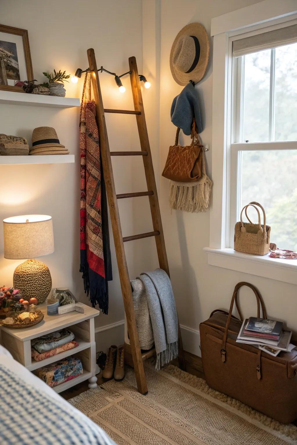 Stylish bedroom ladder accessory organizer