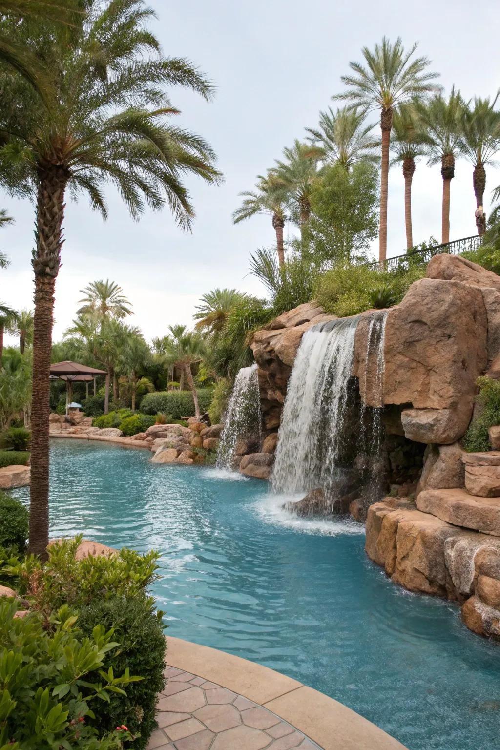 Cascades impart motion and tranquility to lagoon pools.