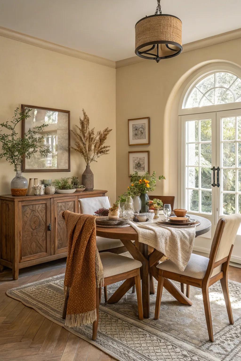 Natural shades mirror the peacefulness of a lake house atmosphere.