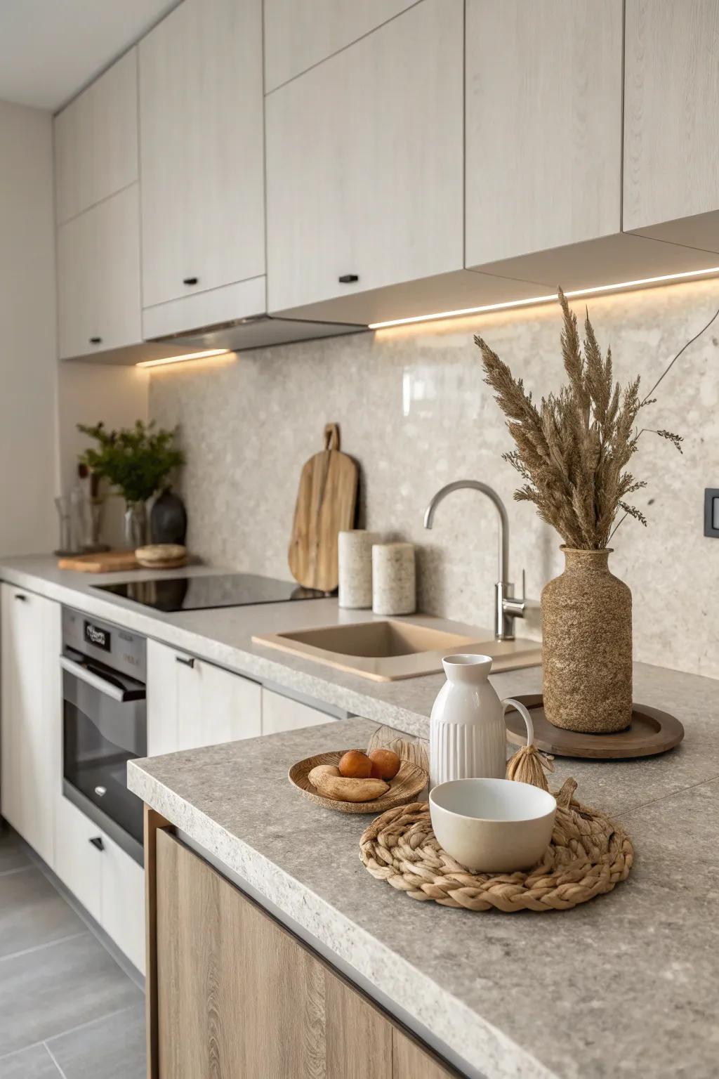 Stone-textured synthetics provide a subtle yet refined kitchen surface.