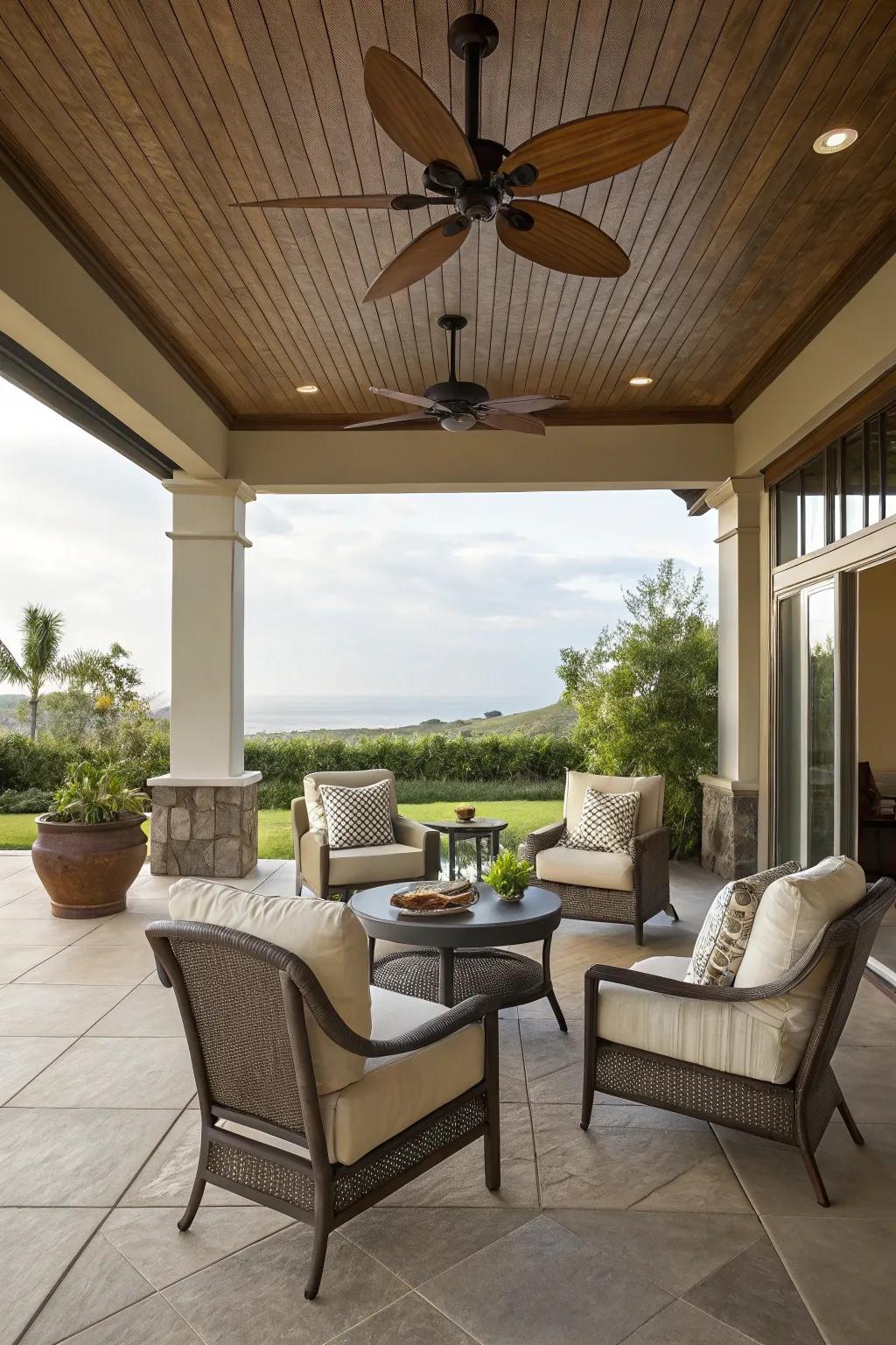 An overhead fan adds comfort and style to the lanai.