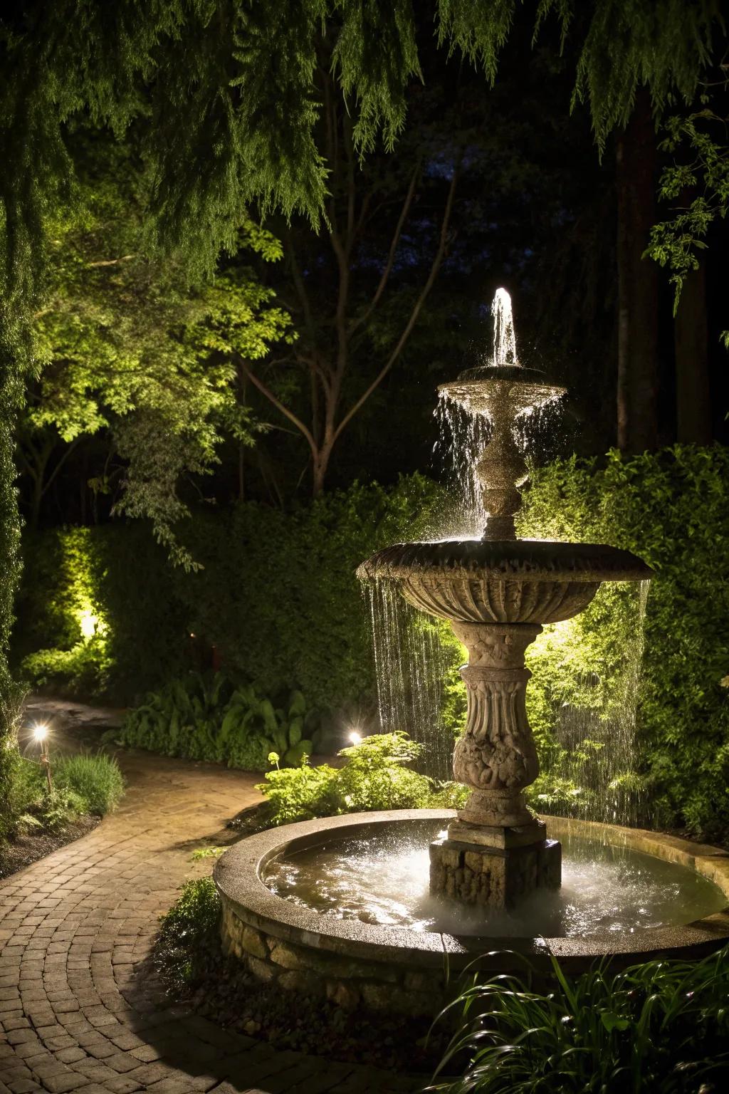 Strategic spotlighting turns garden features into prominent nighttime highlights.