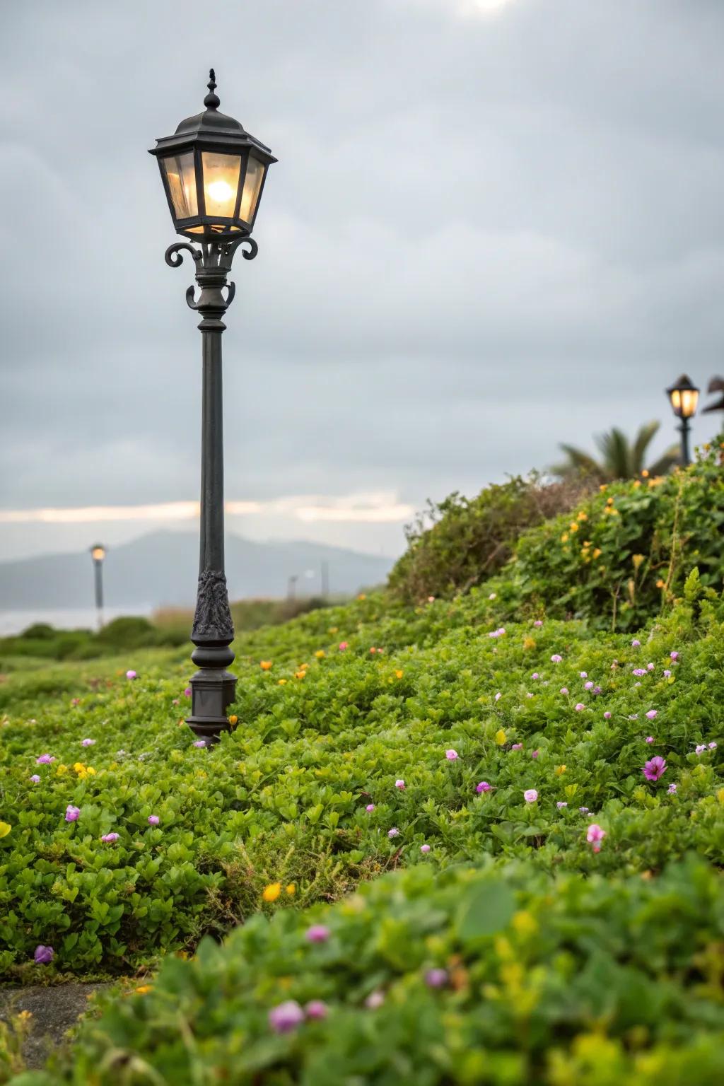 Botanical mats forming a seamless connection around the standing light.