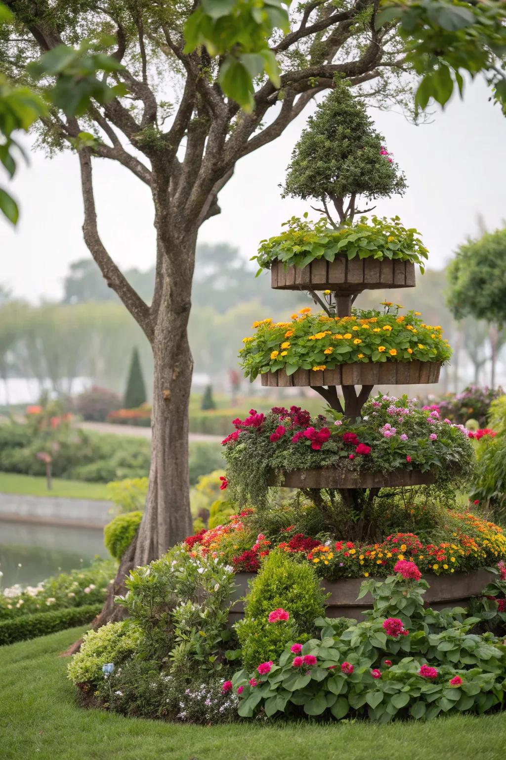 Tiered sowing enriches depth and fosters a luxuriant visual near trees.