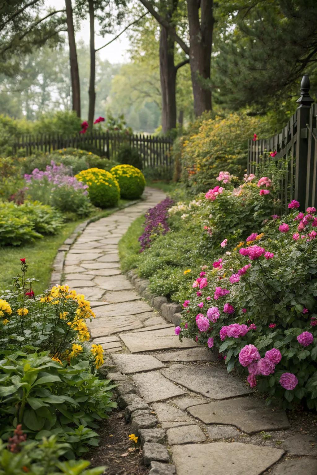 A garden bed with a delightful stone walkway inviting exploration.