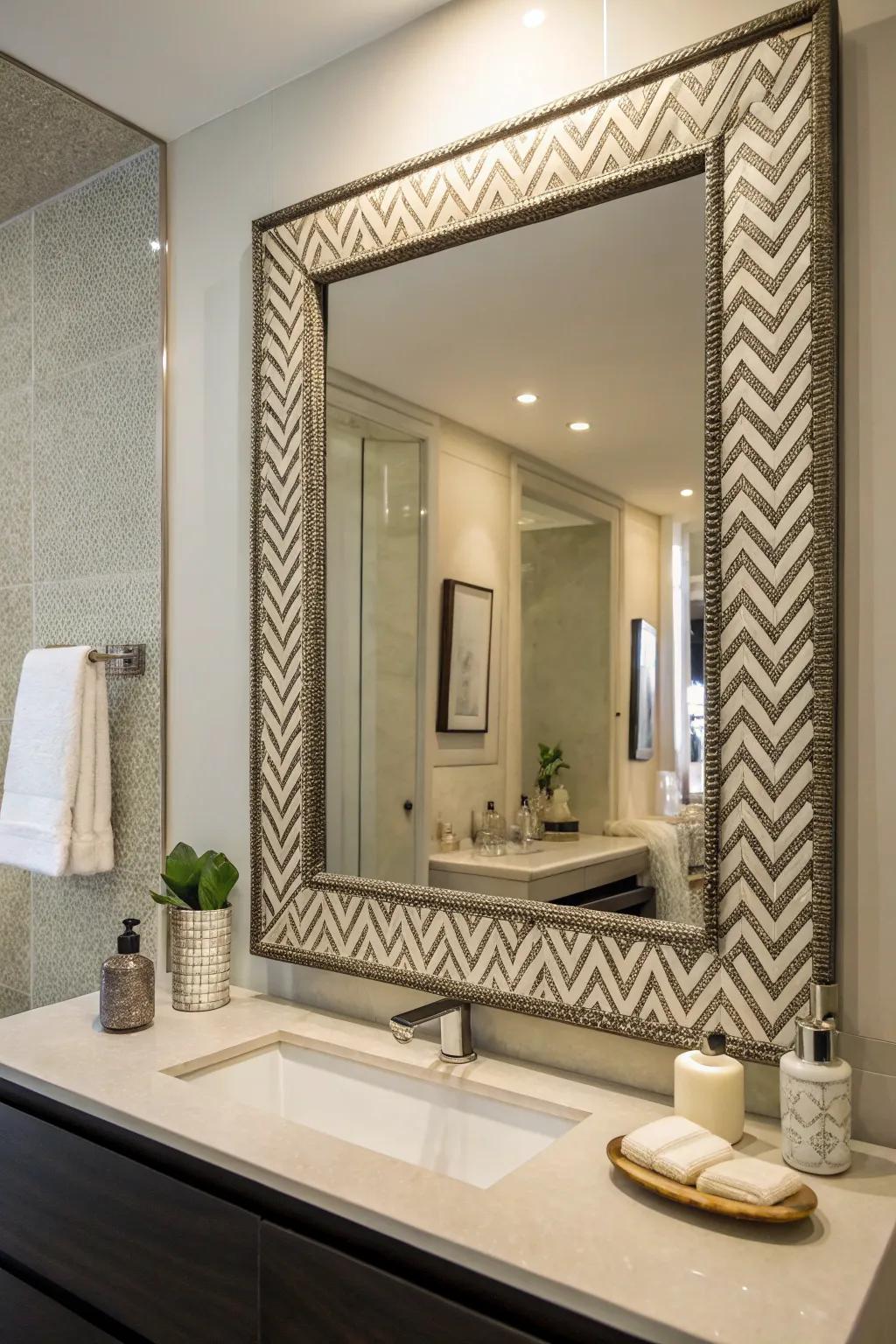 Chevron patterns contribute structured elegance to bathroom mirrors.