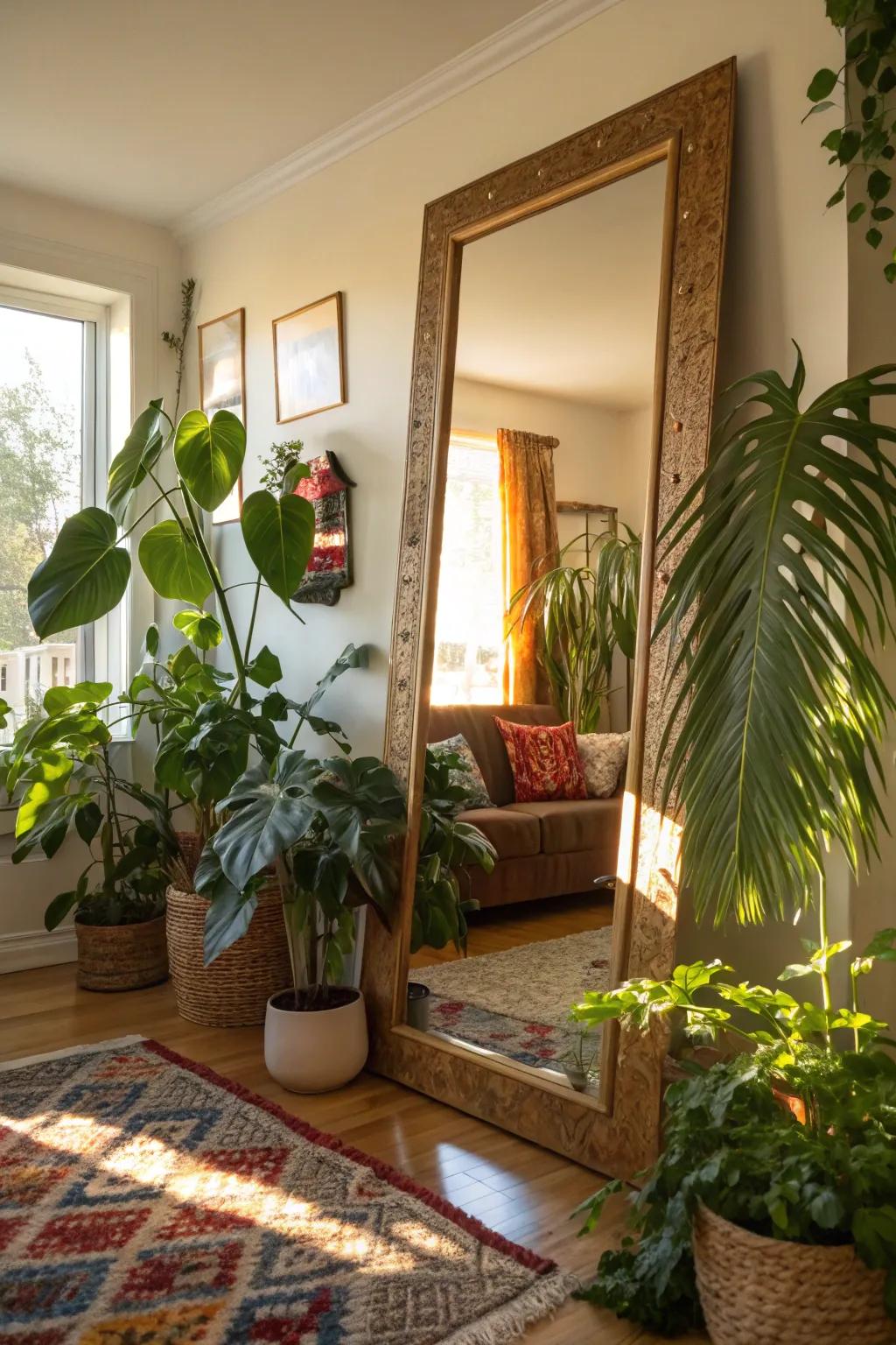 Plants and mirrors unite to form a natural, airy vibe in this living area.