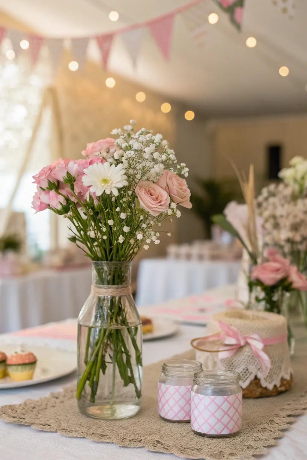 Fresh floral centerpieces add an elegant touch to the baby shower table.