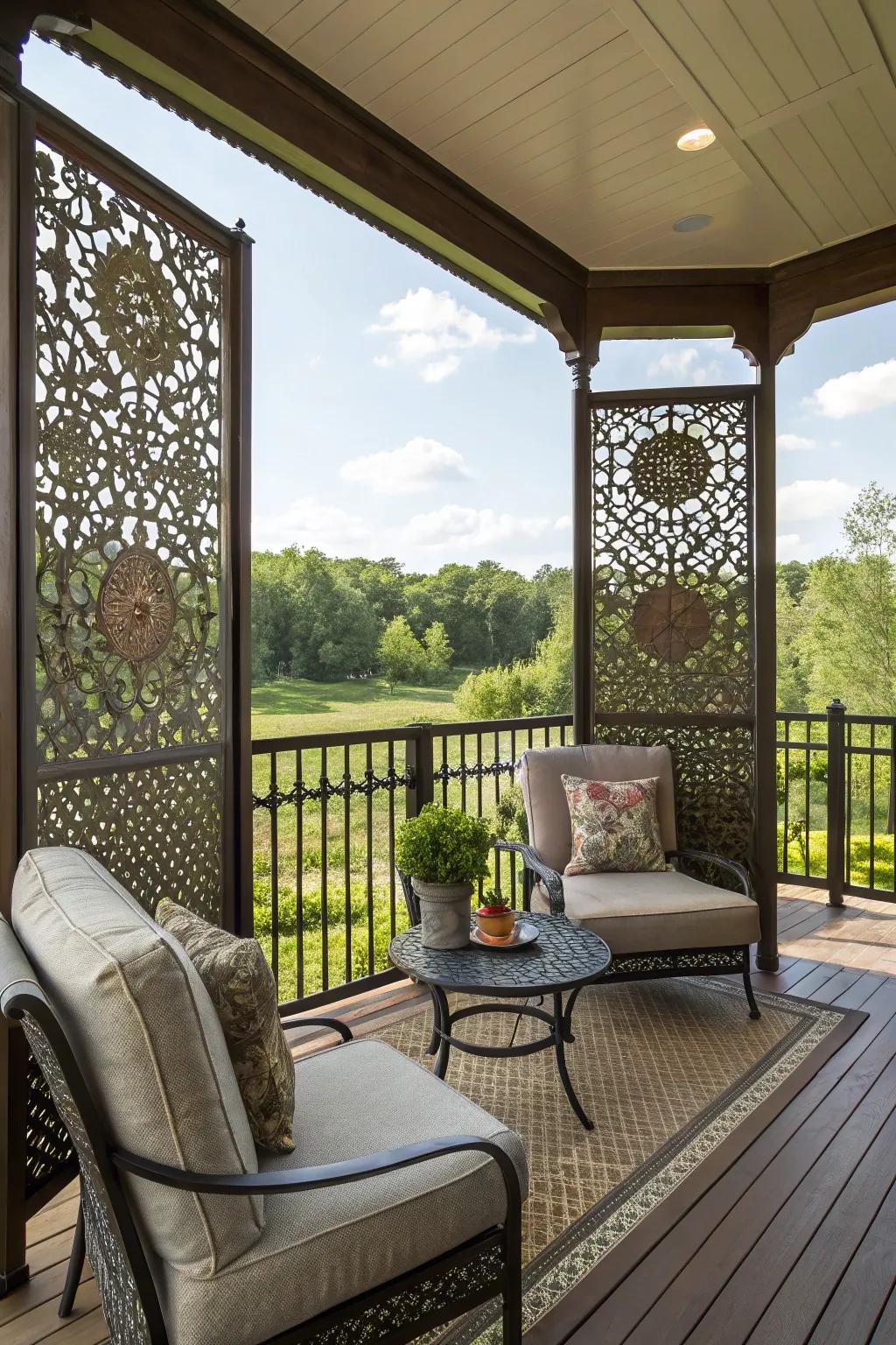 Elaborate ornamental screens inject artistic flair into this welcoming deck area.