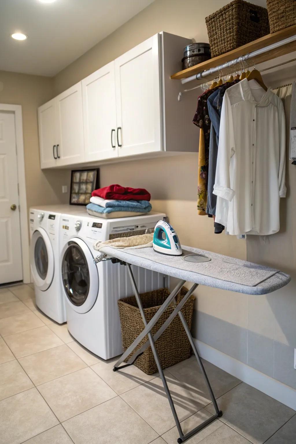 A built-in ironing board provides convenience and order.