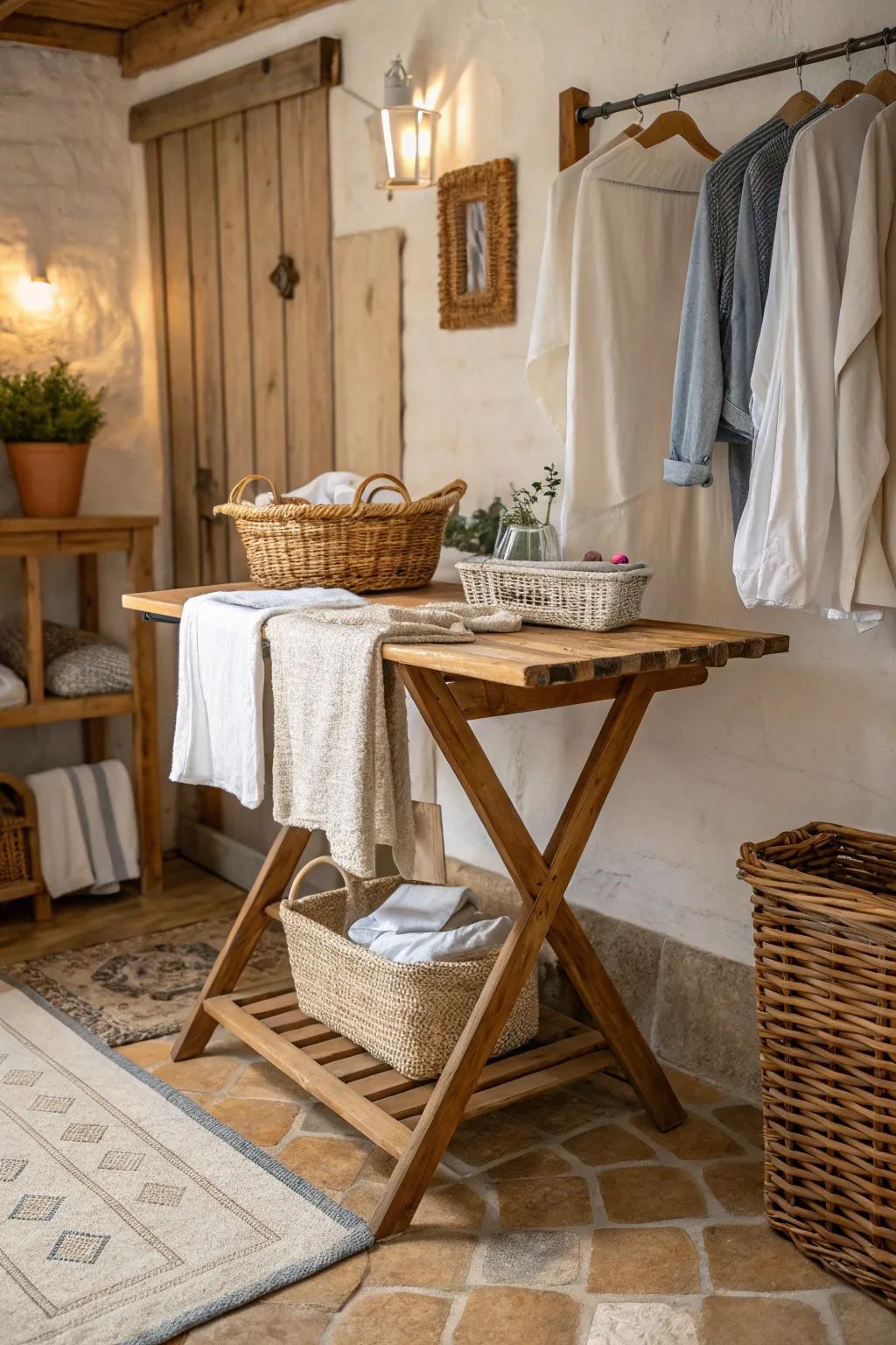 A country-style folding table makes the laundry area more inviting.