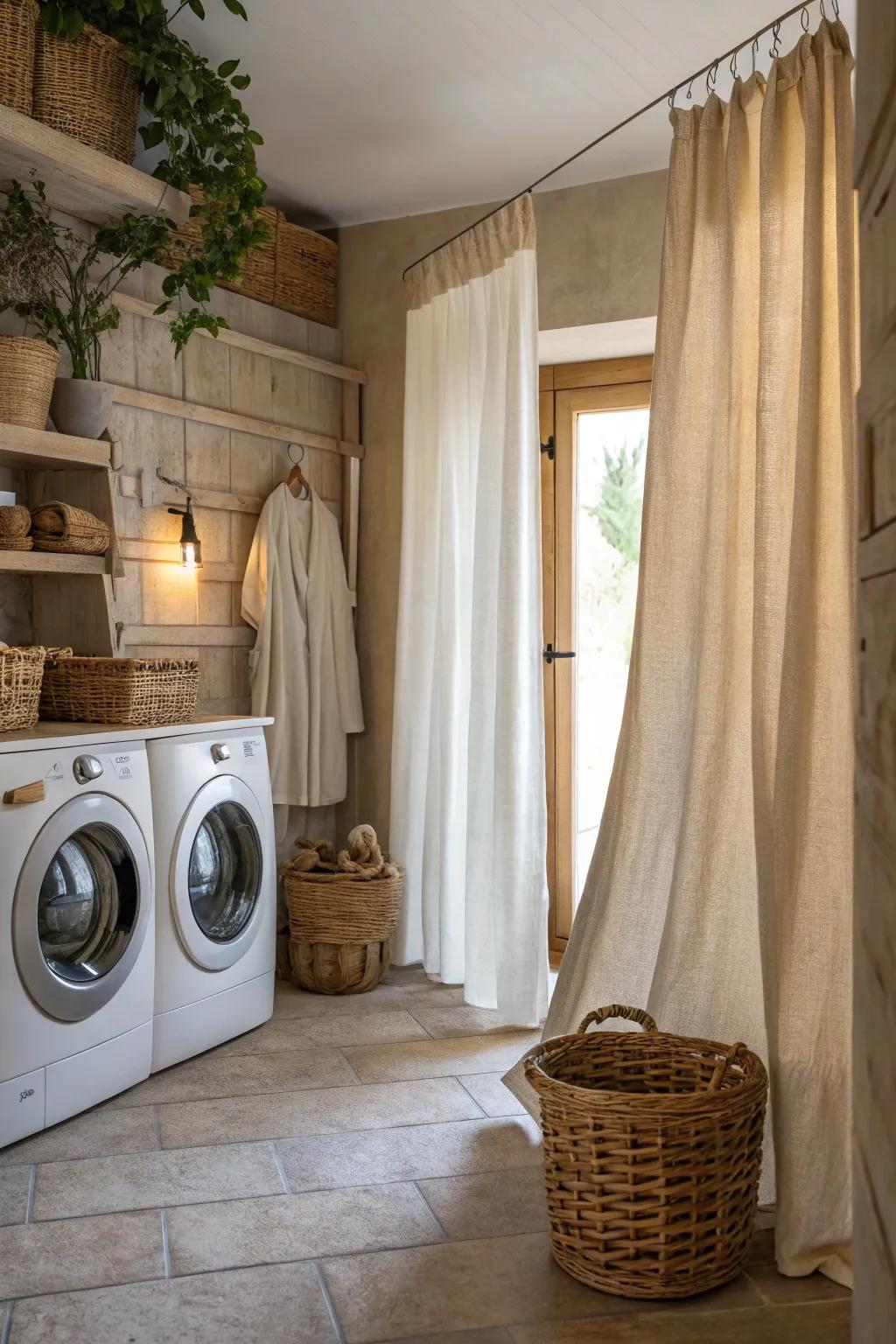 Organic textiles like linen introduce a tender sensation to your laundry space.