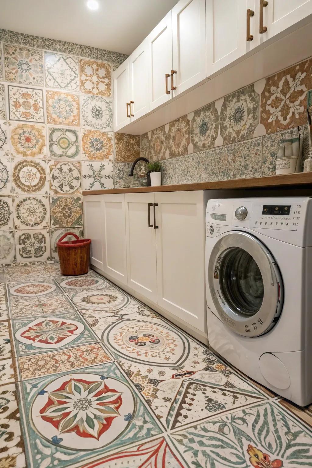 Moroccan-style panels add character and texture to the laundry room.