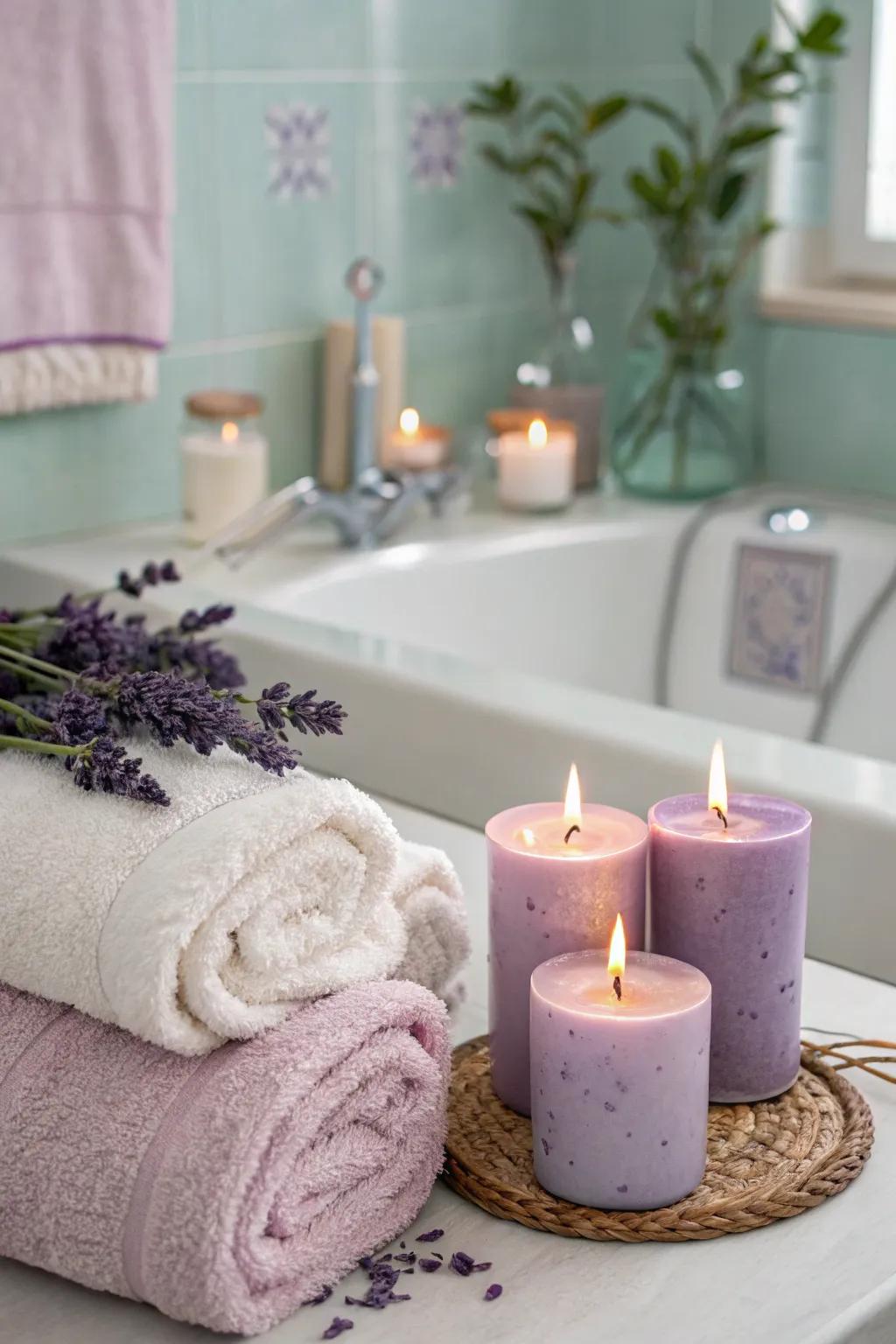 A bathroom transformed into a spa-like retreat with lavender accents.