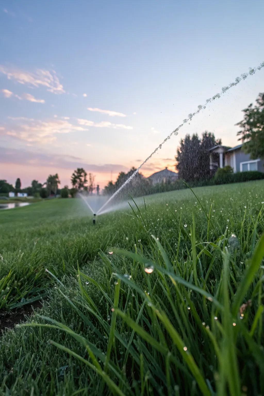 A well-irrigated lawn staying green and healthy in the morning sun.