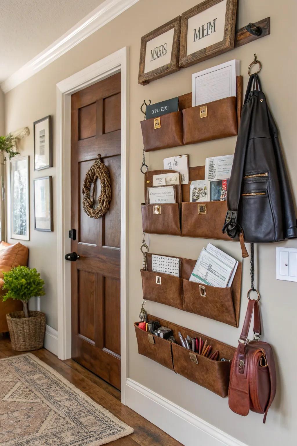 Keep essentials accessible with leather wall organizers.