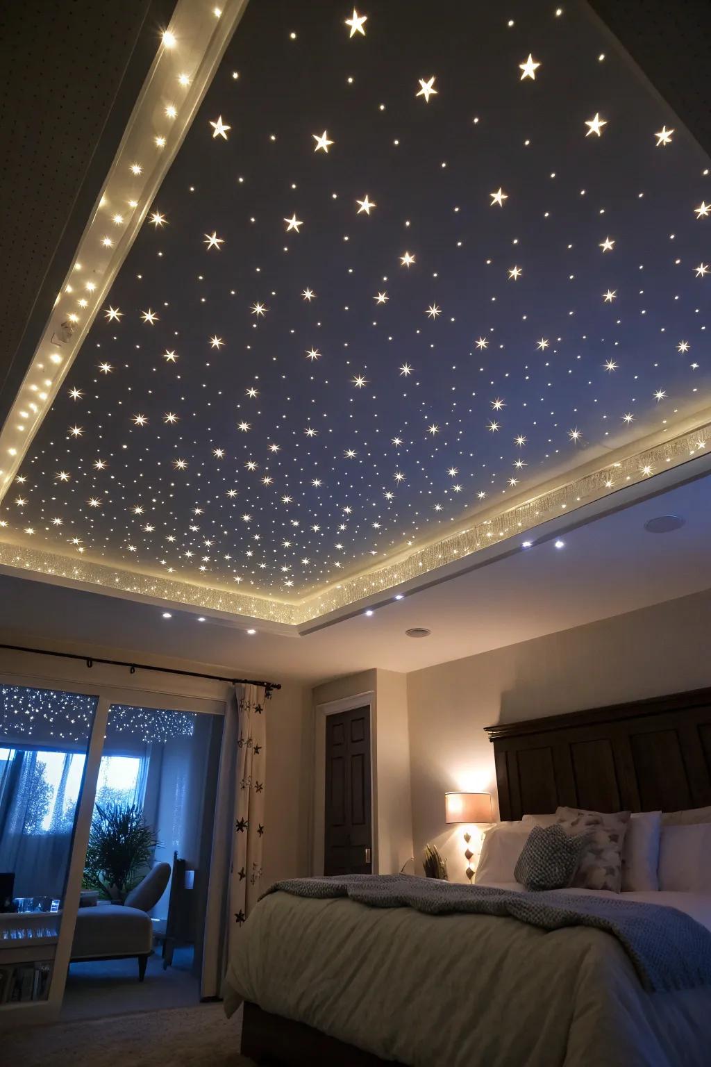 A ceiling is ornamented with SparkLights to create a starry night effect.
