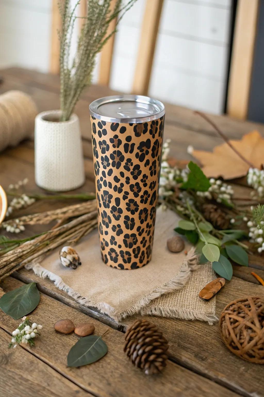 Embrace countryside sophistication with a leopard print 'Hydrate in Style' amidst a natural setting.