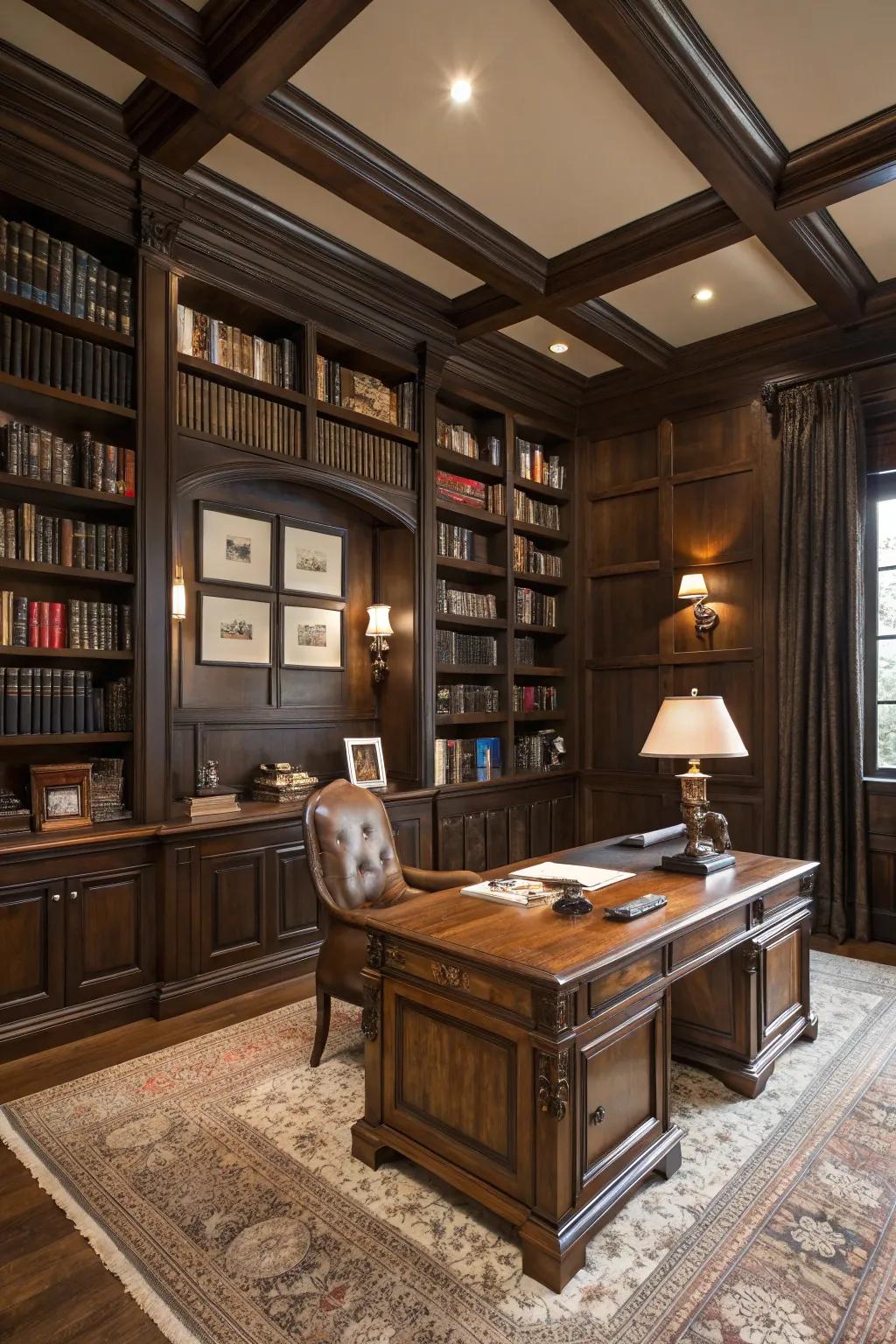A refined home library showcasing classic furniture and deep wood hues.