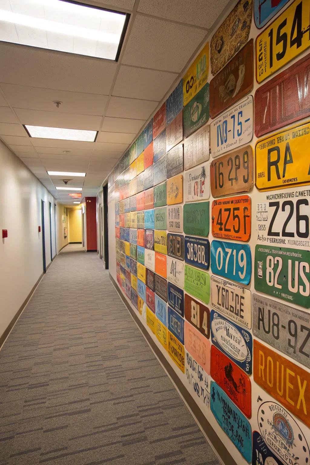 A varied arrangement of auto tags enlivens any wall.
