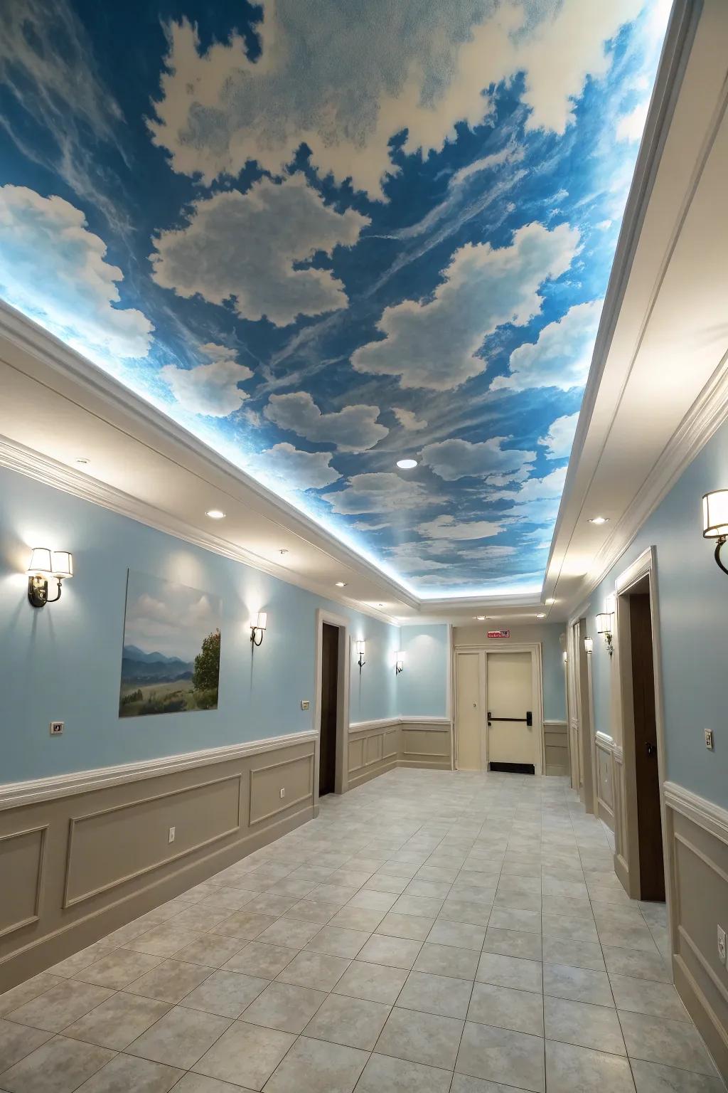 An artistic sky mural on a light blue ceiling creates a sense of openness.