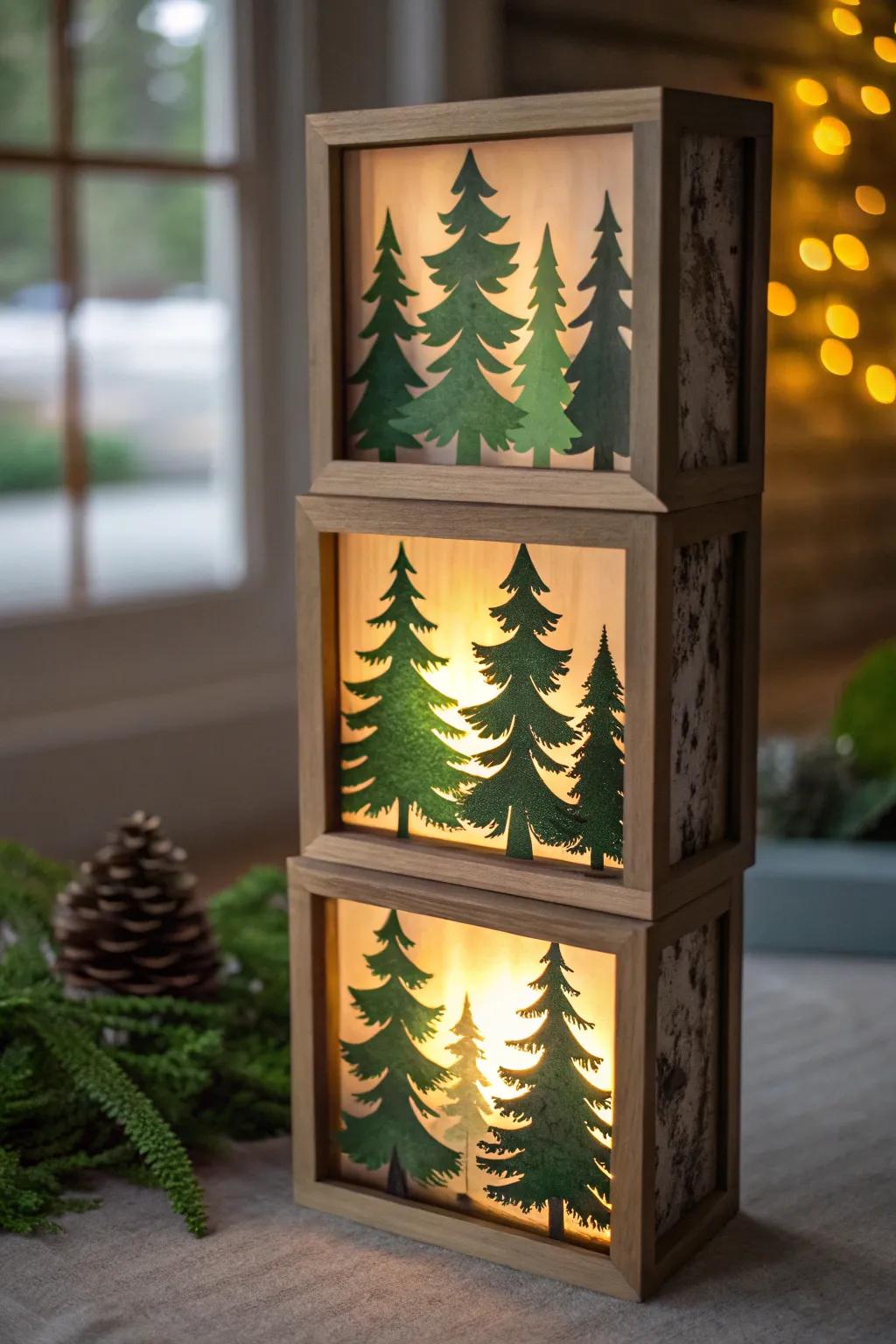 A glowing three-dimensional woodland nestled inside a display case