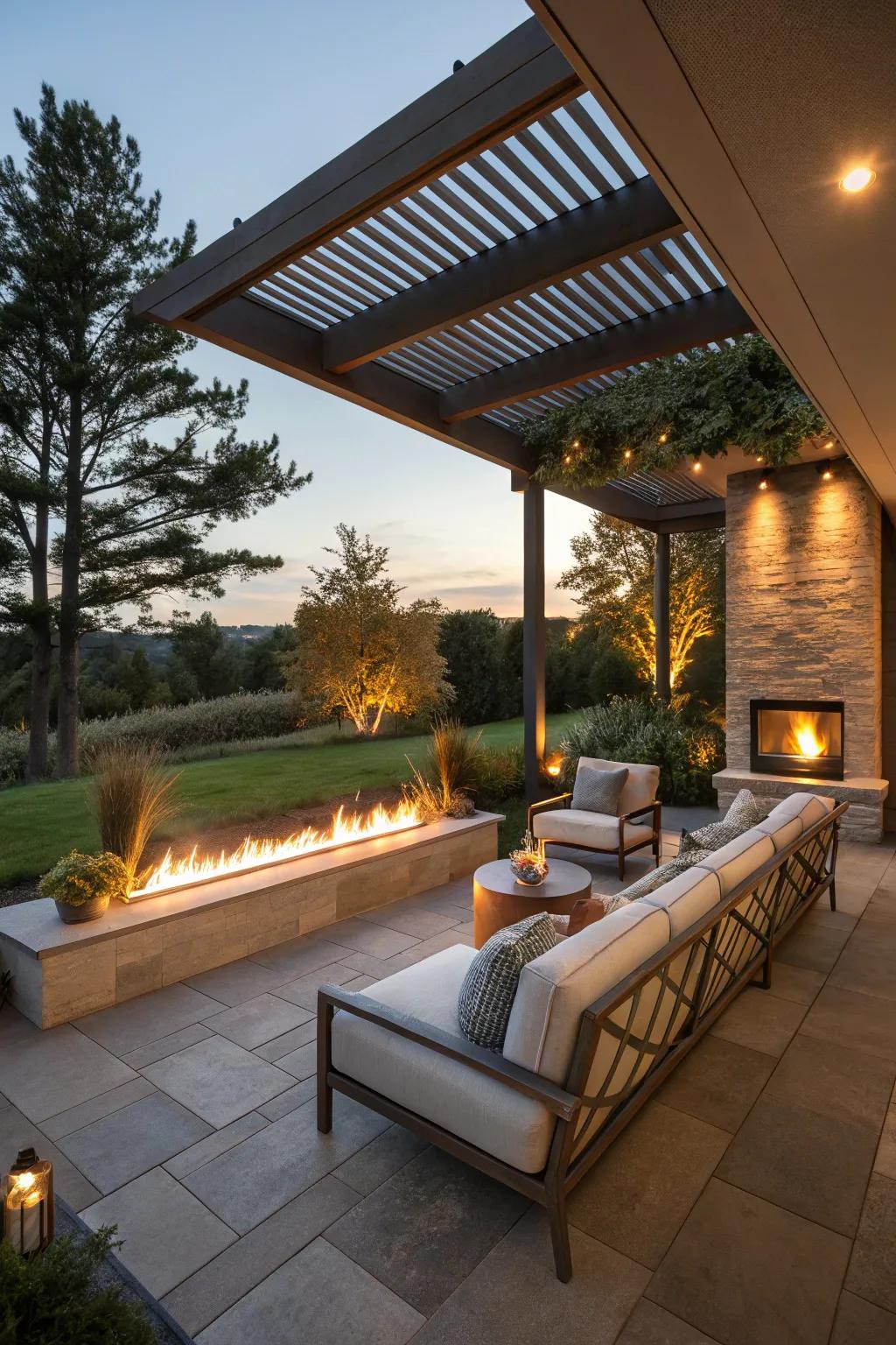 Design a cozy outdoor escape with a linear fireplace.