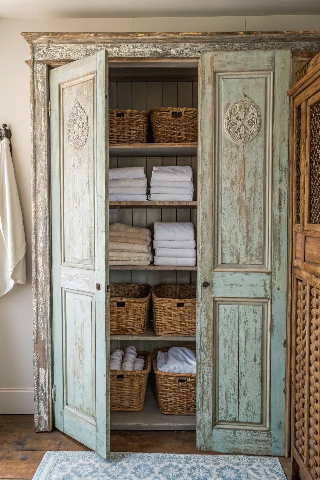 Reclaimed entries presenting a special and captivating touch to a linen storage.